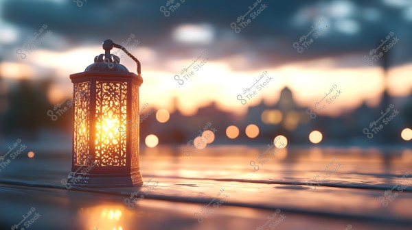 The image shows an ornamented lantern with a glowing light inside, placed on a reflective surface. The background features a sunset with warm color gradients and blurred distant lights. The lantern is designed with patterns that beautifully reflect the light, contributing to the serene atmosphere of the scene.