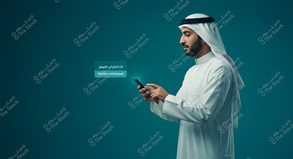 A portrait of a person wearing traditional thobe and keffiyeh, set against a dark blue background. The individual is looking at a smartphone, holding it with both hands. There is text next to the person in Arabic and English, reading \"التداول هو النجاح\" and the English phrase, indicating financial or technological content.