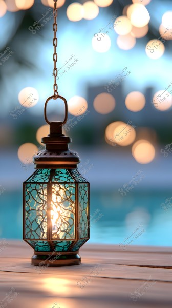 A decorative metal lantern with stained glass panels glowing with warm light hangs by a chain, appearing in the foreground, while soft lights and a blurred background in shades of blue and green create a serene and calming ambiance in the scene.