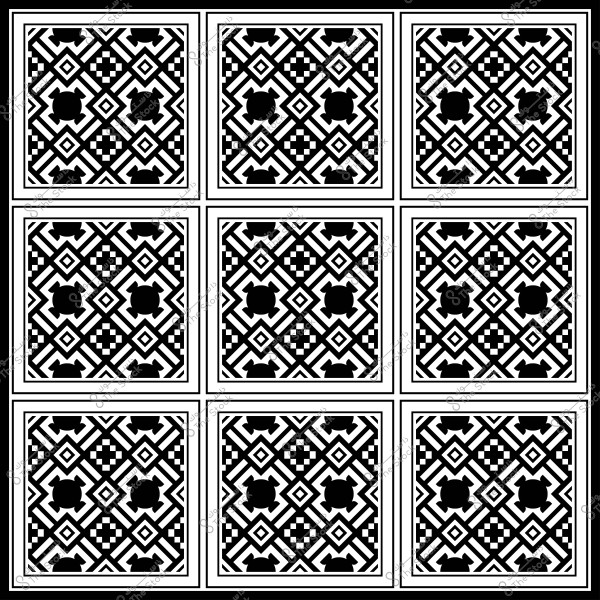A black and white decorative pattern consisting of nine identical tiles with a repeating geometric design.