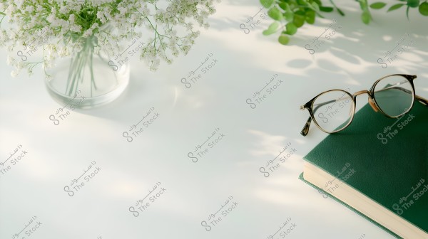 The image features a closed book with a green cover and a pair of round glasses beside it, placed on a white surface. On the left side of the image, there\'s a glass vase containing a bouquet of small white flowers. Green leaves appear in the background, adding a touch of nature to the scene.