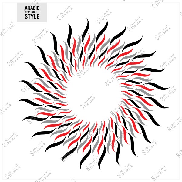 تصميم تجريدي دائري يتكون من خطوط منحنية بأشكال تشبه اللهب, بألوان الأسود والأحمر والرمادي, مع نص "Arabic Alphabets Style" في الزاوية.