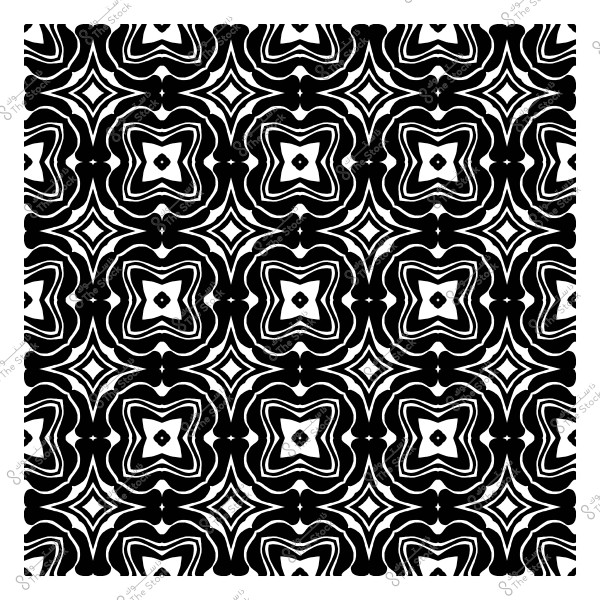 Geometric decorative pattern in black and white resembling star-shaped floral designs, repeated.