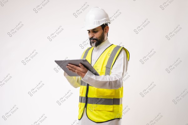 An image of a man wearing engineering or construction attire, including a white helmet and a bright yellow safety vest, holding a tablet and appearing to review or read information on it. The background is white.