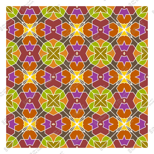 نمط هندسي ملون يتكون من أشكال متعددة الزوايا بألوان تشمل الأحمر والبني والأرجواني والأصفر والأخضر, يتكرر بشكل متماثل ليشكل شبكة متناسقة من التصاميم المعقدة والمتداخلة.

-