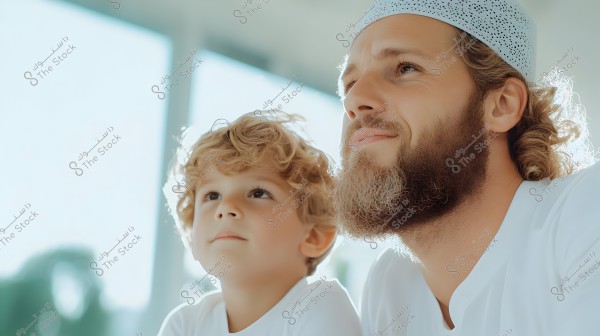 An image depicting a man and a child sitting together, both looking upwards with an expression of hope. The man has a beard and is wearing a traditional white cap and thobe, suggesting he might be from the Gulf region. The child has curly blonde hair and is wearing a white shirt. The lighting in the photo is bright, possibly due to sunlight.