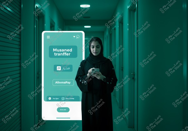 An image of a woman standing in a lit hallway, wearing a black abaya and hijab, looking at her mobile phone. In front of her is a screen displaying a financial app with \"Musaned tranffer\" and \"AlinmaPay\" among other options. The scene is lit with a cool green hue.