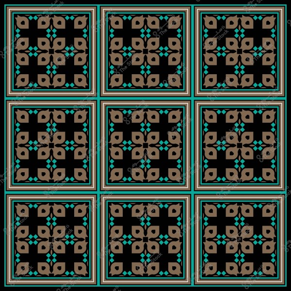 نمط فسيفسائي بألوان زاهية تتميز بتصميم هندسي معقد باللونين البني والفيروزي على خلفية سوداء.