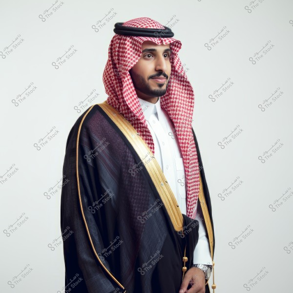 A portrait of a man wearing traditional Saudi attire consisting of a white thobe, a red keffiyeh, and an agal. He is also wearing a black bisht with gold embroidery. The man is standing facing the camera against a neutral background.