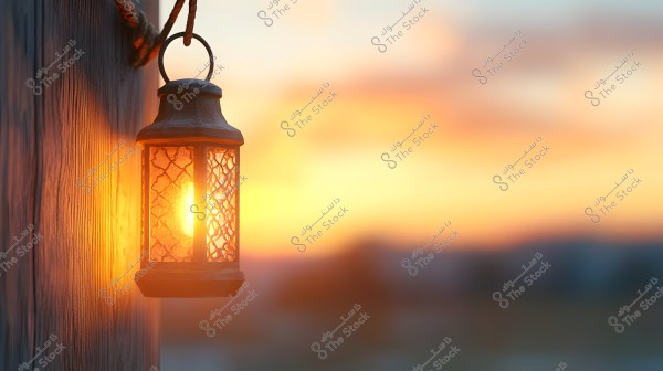 A traditional lantern hanging on a wooden wall, emitting a warm glow in the sunset scene. The background beautifully blurs with orange and golden hues in the sky, adding an element of tranquility and beauty to the image.