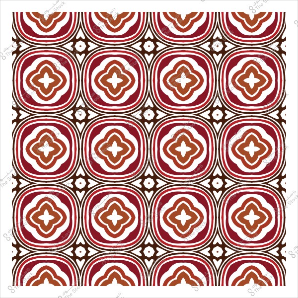 Repetitive decorative pattern in brown, red, and white colors featuring circular shapes and flower-like designs.