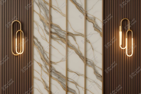 An image of an interior wall featuring a harmonious artistic design. The wall consists of alternating panels of dark wood and elegant marble slabs with golden and aquamarine veins, framed in gold. There are modern wall sconces on both sides with a looped design and vertical light tubes, adding a luxurious touch to the overall design.