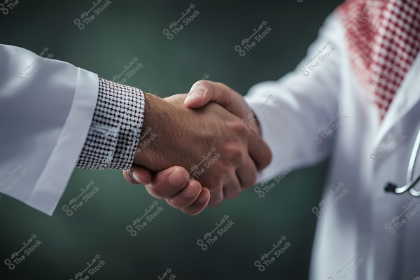 Two hands shaking, one wearing a traditional white garment likely with a red headdress, and the other in a patterned shirt. The background is dark and blurred, symbolizing cooperation and partnership.