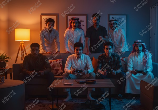 The image shows a group of young men sitting on a sofa in a living room while playing video games. Some are wearing traditional clothing, such as a Saudi thobe and ghutra, while others are dressed in casual shirts. The room is lit by a warm white lamp on the left side, and there are art pieces hanging on the wall. A wooden coffee table in front of them has snacks, drinks, and video game controllers.
