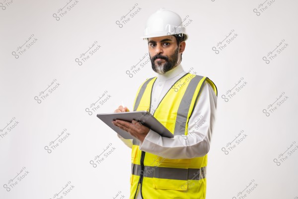 Image of a man wearing a white safety helmet and a yellow reflective vest. He appears to be an engineer or construction supervisor holding a tablet and writing something, with a white background.