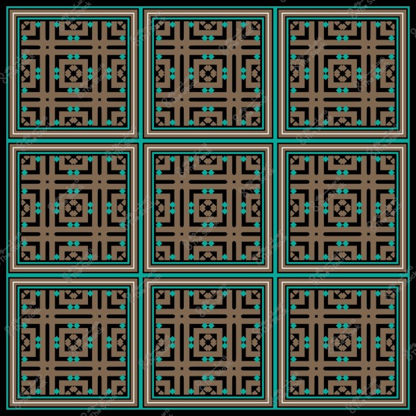 نمط هندسي معقد يُظهر تصميمًا متماثلًا باللونين البني والفيروزي, يتكرر في تسعة مربعات.