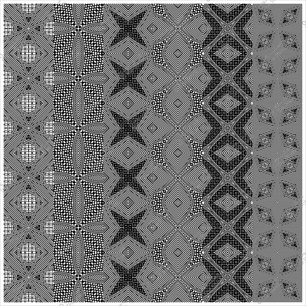 A complex black and white geometric design featuring repeated and varied interlocking geometric patterns.