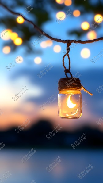 The image depicts a natural landscape at sunset with a sky colored in shades of blue and orange. In the center, there is a glass jar-like lamp hanging by a string, glowing with a handmade light and featuring a crescent shape inside. Small, faint lights are scattered in the background, creating a warm and romantic atmosphere.