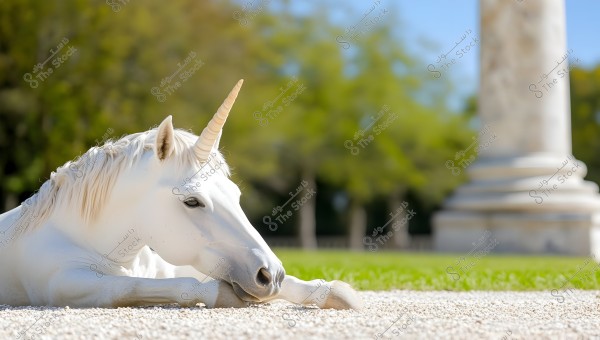 A white unicorn is lying on a gravelly ground in a garden with round columns. The weather is sunny, and the background features blurry green trees, creating a serene natural ambiance.