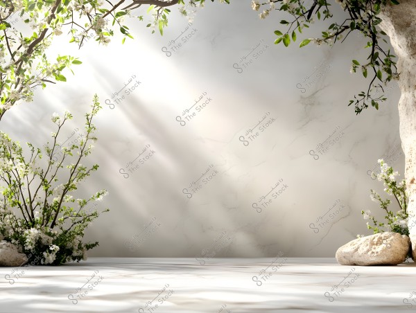 A natural scene featuring flowering tree branches extending from the top and bottom toward the center of the image against a white marble-textured wall background. Natural light falls at an angle, creating soft shadows on the wall. Natural stones at the bottom enhance the calm and serene atmosphere of the scene.