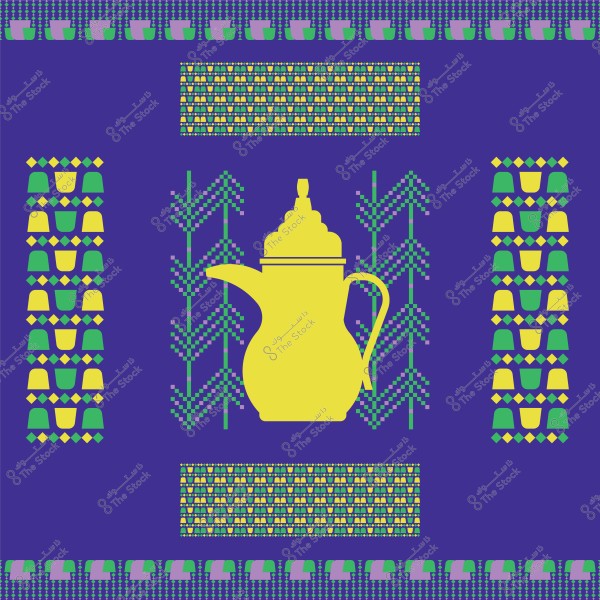 Image depicting a traditional design with Arabic motifs. In the center, there is a prominent yellow dallah (traditional coffee pot) on a blue background. Surrounding the pot are geometric patterns and decorations in green and yellow, adding a traditional Arabic identity to the design.