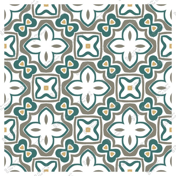 نمط هندسي مبسط بألوان الأخضر والبيج مع أشكال زهرية داخل مربعات.