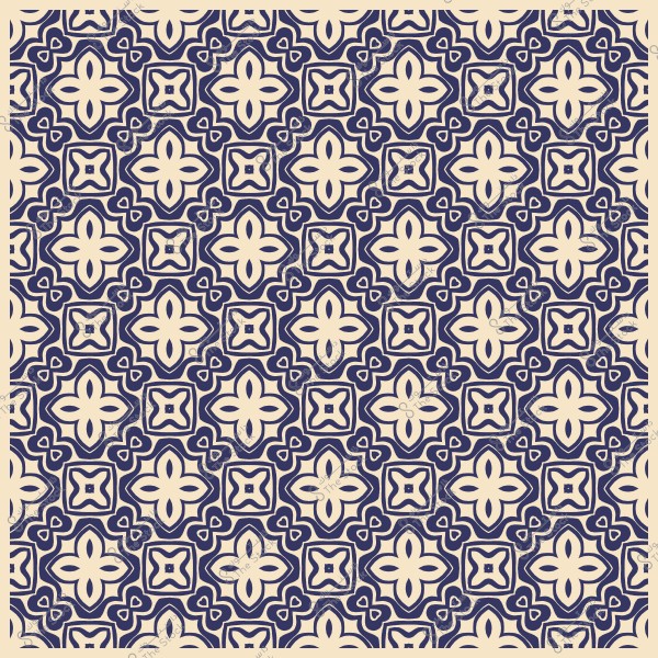 نمط هندسي مزخرف بأشكال متكررة باللونين الأزرق والبيج.