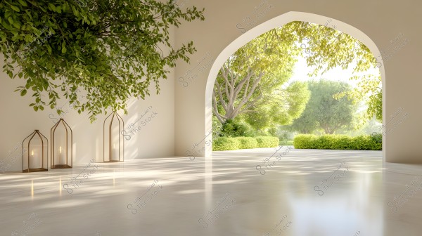 An image of an interior space with natural light streaming through a large arched opening leading to a lush green garden. The walls are a soft cream color, and there are three geometric metal lanterns with candles against the wall. Shadows of green leaves from the exterior tree intermingle with the light on the shiny floor, creating a sense of tranquility and natural beauty.