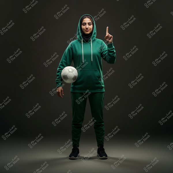An image of a woman wearing dark green sportswear and a black hijab, holding a soccer ball under her right arm, and pointing upwards with her left index finger. She stands in a relaxed pose with a confident expression on her face. The background is dark, highlighting the individual in the portrait. The clothing suggests she might be from the Gulf region.