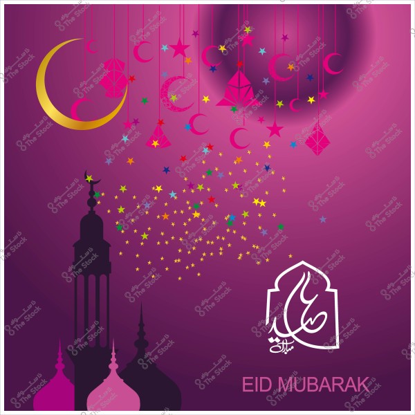 Artistic design for Eid featuring a crescent, moon, and colorful stars with \"Eid Mubarak\" written in Arabic and English on a purple background.