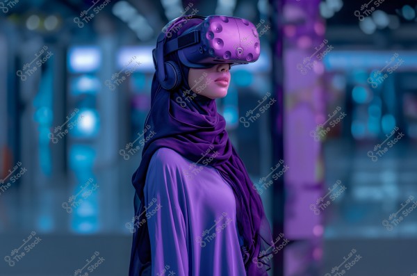 Image of a woman wearing a purple hijab along with headphones and a matching purple virtual reality headset. The woman stands in a modern, neon-lit indoor setting, possibly in a technological environment or shopping center. The hijab and clothing suggest contemporary fashion with a futuristic technological influence.