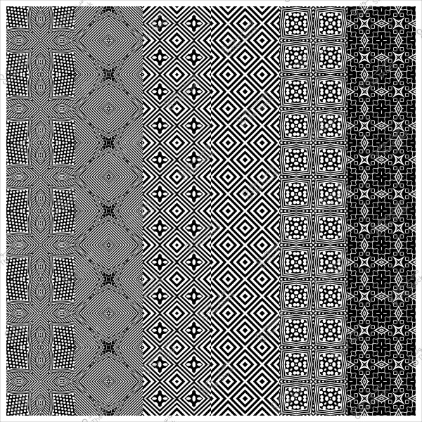 نمط هندسي أبيض وأسود يتكون من مجموعة مختلفة من الأشكال المتكررة مثل المربعات والدوائر والخطوط المتقاطعة.