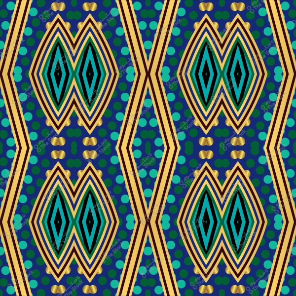 نمط هندسي متماثل بألوان متعددة, يتضمن أشكالًا ماسية متداخلة بالأصفر والأسود والأزرق مع نقاط خضراء وزرقاء على خلفية داكنة.