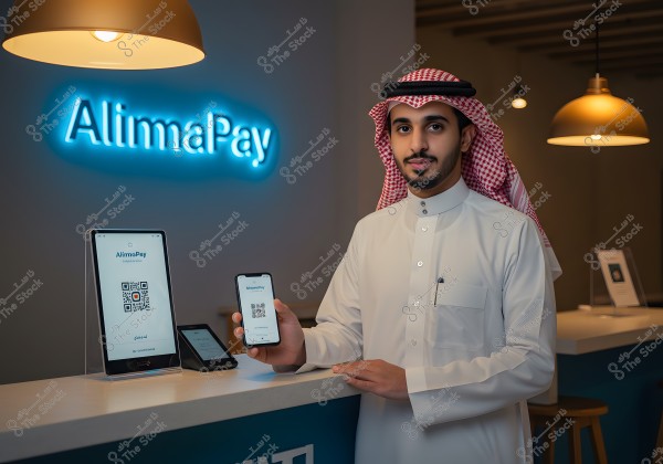The image shows a man wearing traditional Gulf attire, including a thobe and a red and white checkered ghutra with an agal. He is standing beside a counter, holding a smartphone displaying the \"AlimaPay\" app. On the counter, there is a tablet also displaying the same app. Behind the man, a neon sign reads \"AlimaPay\".