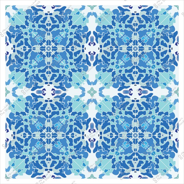 تصميم هندسي متماثل بلونين أزرق وفيروزي بنمط أزهار وزخارف نباتية.