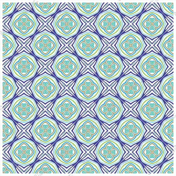 Colorful geometric pattern with hexagonal shapes and floral motifs in blue, green, and white.