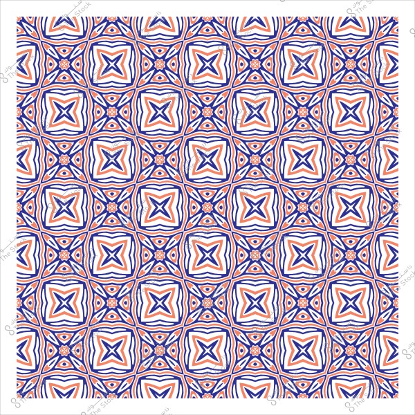Repetitive pattern of wavy geometric shapes in blue and orange colors.