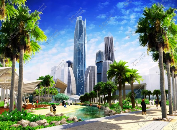 A scenic view of a modern city featuring a tall glass skyscraper surrounded by other skyscrapers in the background. In the foreground, there is a walkway adorned with lush trees and plants, and a small waterway reflecting the cityscape. The sky is blue and clear with a few scattered clouds.