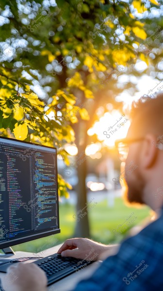 An image of a man sitting at an outdoor desk under a tree filled with green leaves. He is wearing a blue checkered shirt and glasses, working on a computer displaying code. Sunlight streams through the leaves, creating a warm ambiance.