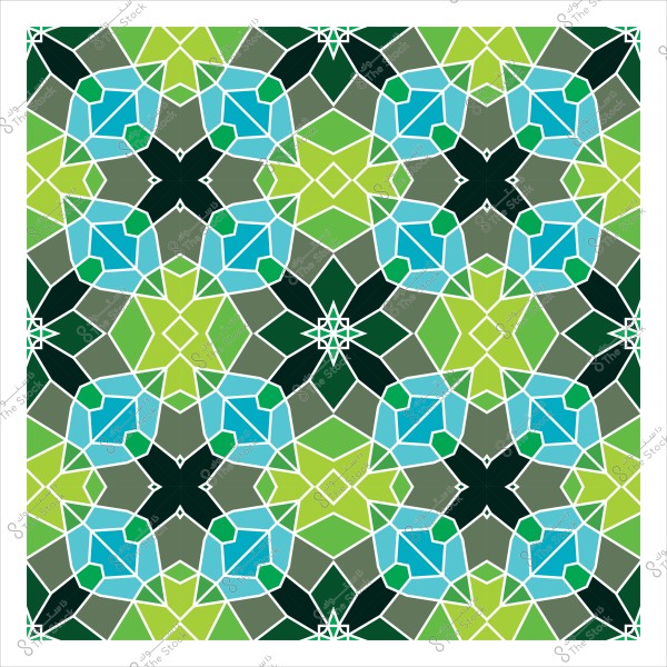 نمط هندسي إسلامي ملون يتميز بتصميم متكرر من الأشكال الهندسية المربعة والنجوم الثمانية. الألوان المستخدمة تشمل درجات من الأزرق والأخضر والأسود تتداخل بتناغم. تظهر تفاصيل دقيقة في كل مربع تساهم في خلق توازن بصري.

-