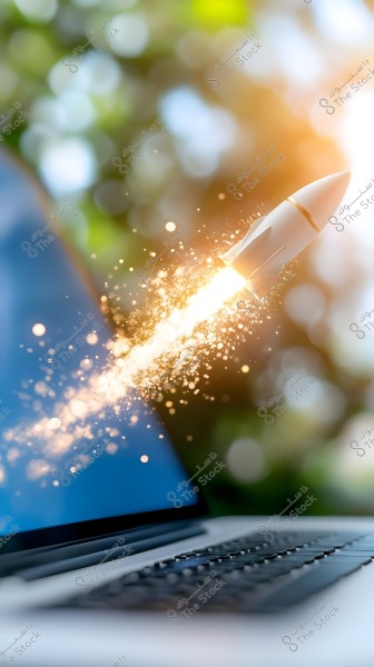 An image showing a partially framed laptop, with a small rocket launching from the screen, emitting light, as if heading rapidly into the sky. The background is green with bright lighting, giving a sense of daytime nature.