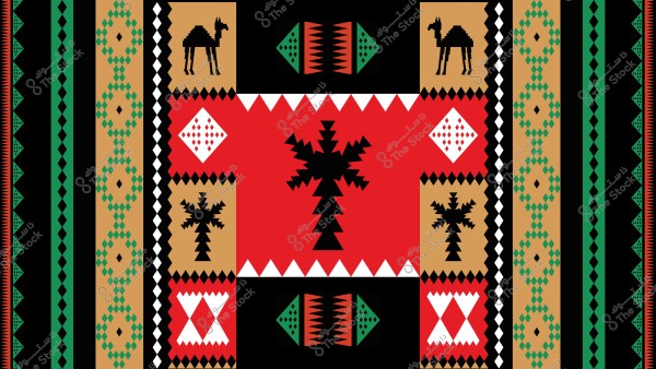 تصميم فن تقليدي يعكس نمط زخرفي عربي مزخرف بألوان الأسود والأحمر والأخضر والبيج. يحتوي التصميم على أشكال لتماثيل الجمال وأشجار النخيل بترتيب متكرر, تحيط بها أنماط هندسية. تشبه الألوان والتصميمات الزخرفية الزخارف النجدية.