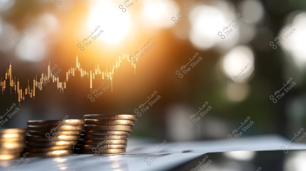 An image depicting stacks of coins piled on a wooden surface, gradually diminishing towards the background. In the background, there are line graphs and candlesticks indicating financial market data, with warm sunlight in the horizon creating an atmosphere of hope and economic growth.