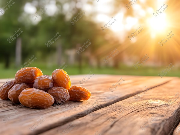 A cluster of dates placed on a wooden table outdoors. The background reveals a garden or field with the sun setting on the horizon, casting a warm glow on the scene.