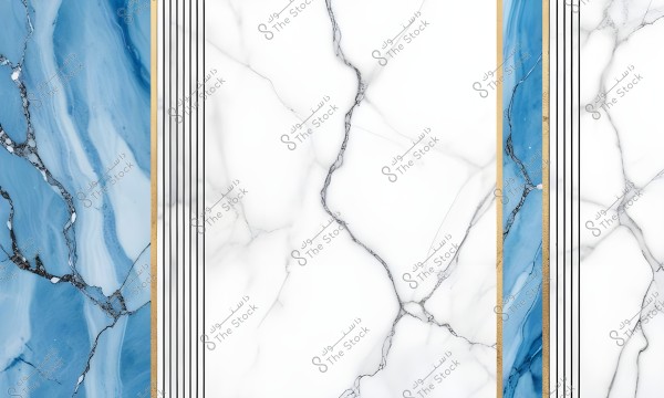 An image featuring a marble design combining white and blue elements. The central part of the design is white with gray veins, while the side sections are blue with dark marble-like veins. The colors are separated by golden lines and vertical black stripes, adding a striking contrast to the composition.