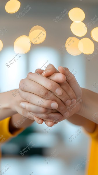 A close-up image of two hands clasped tightly, symbolizing unity or support. The hands are centered in the image with a blurred background featuring bokeh lights, adding a warm and gentle touch to the scene. The individuals are wearing yellow sleeves.