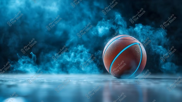 A brown basketball with blue stripes resting on a mist-covered floor, with a dense dark blue mist in the background, creating a dramatic atmosphere in the image.