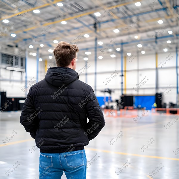 The image shows a person standing in a large, well-lit gymnasium. The individual is wearing a black padded jacket and blue jeans. The arena is mostly empty, with some sports equipment visible in the background.
