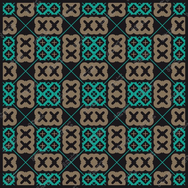 Geometric pattern design with intersecting motifs and diamond shapes in brown and blue on a black background.
