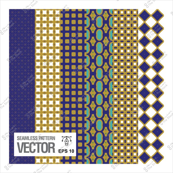 نمط زخرفي متكرر متعدد التصميمات بألوان الأزرق والذهبي.